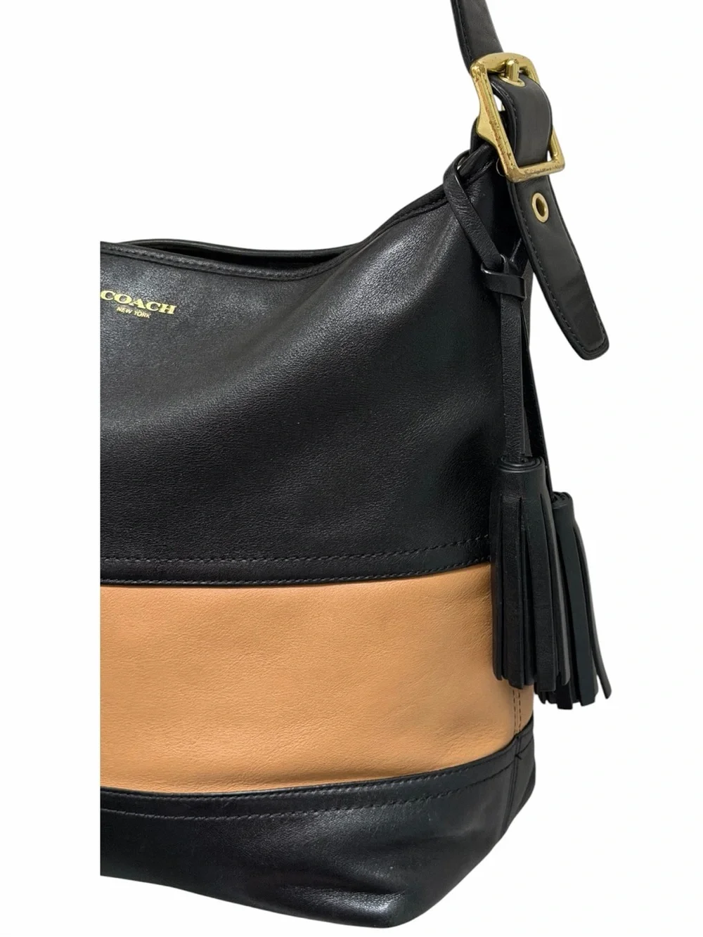 Coach Legacy Leather Colorblock Tassel Shoulder Crossbody Bag Black Tan Large